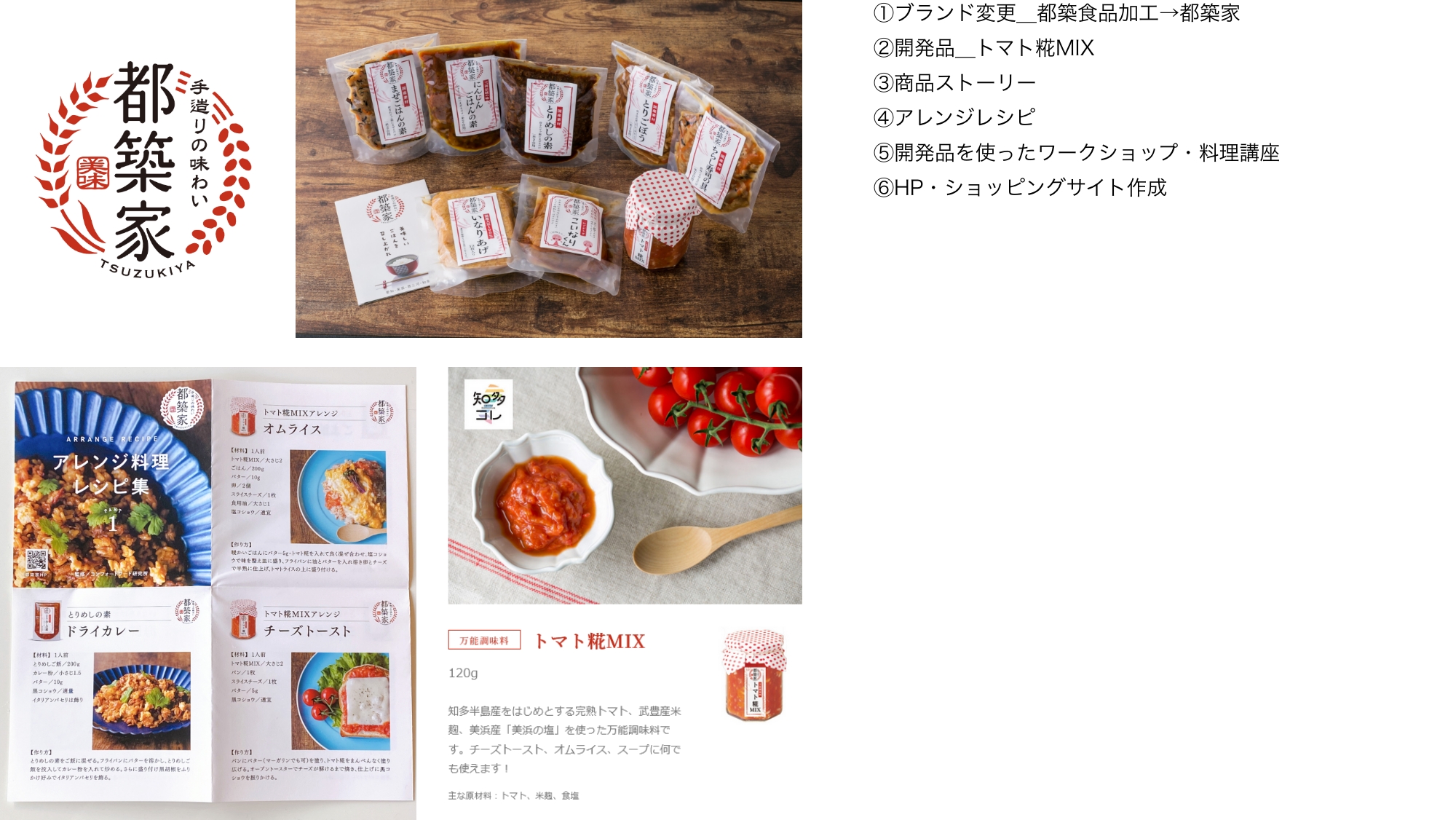 RE・BRANDING『都築家』　①ブランド変更＿都築食品加工→都築家　②開発品＿トマト糀MIX　③商品ストーリー　　④アレンジレシピ　⑤開発品を使ったワークショップ・料理講座　⑥HP・ショッピングサイト作成